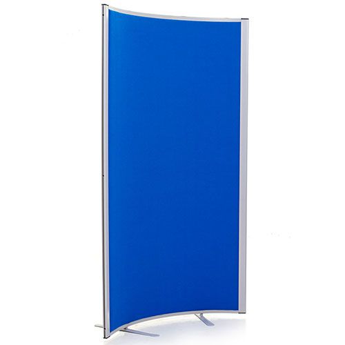 Morton Curved acoustic freestanding screens with blue fabric, silver frame and 1800mm high