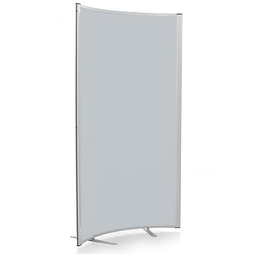 90 degree curve acoustic panel with silver aluminium frame and light grey woven fabric.