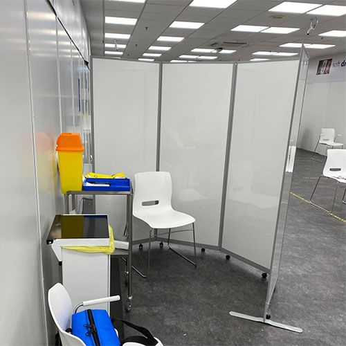 Easy Clean Modesty Screens, used for COVID-19 testing and vaccine centres