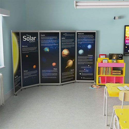 Mobi Printed Room Dividers used in a school and printed with the pre-designed educational template