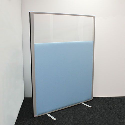 Free standing vision top office screen with moonlight blue fabric. 