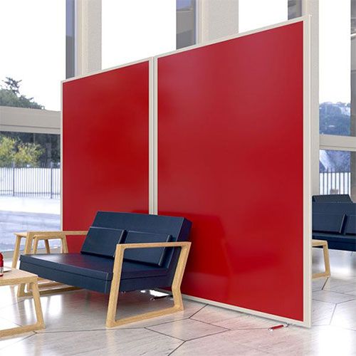 Morton Laminate office screens with red laminate and white frame, positioned in a waiting area.