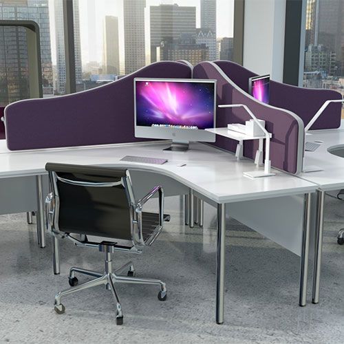 Omega Acoustic Wavetop Desk Dividers, with purple fabric and grey edging