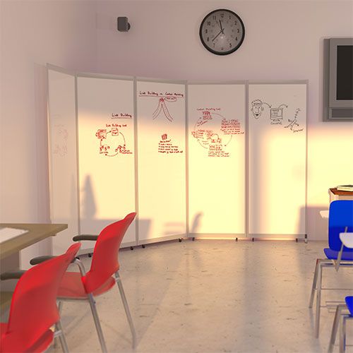 Easy clean portable classroom partition which has a whiteboard finish.