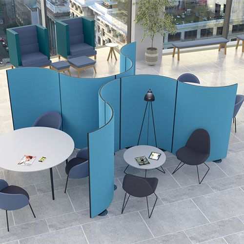 Curved acoustic office partitions, connected to create break zones