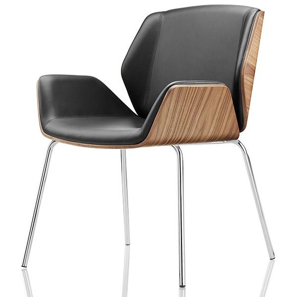 Kruze Chair with 4-leg Chrome legs, finished in Walnut outershell with leather seat