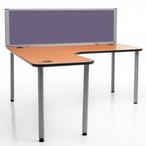Morton acoustic desk dividers with silver frame and purple fabric which is connected to the back of a desk screen. 