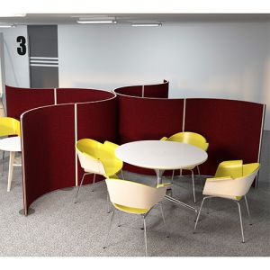 Curved acoustic panels in a ruby fabric from the woven range