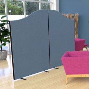 Wave top acoustic office partitions, in blue fabric and linked together.