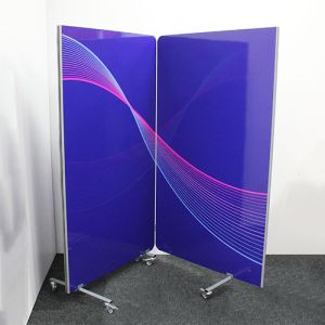 2m wide printed concertina room divider with castor wheels.