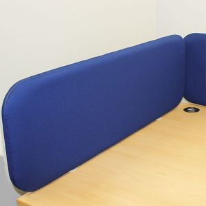 400mm high Delta acoustic office desk dividers in blue fabric and blue edging.