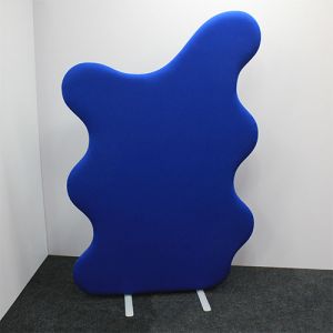 Deluxe Delta acoustic office screens in a cloud shape with silver stability feet and dark blue fabric