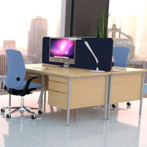 Nova acoustic desk screens in dark blue fabric at 400mm high