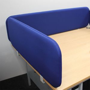 Blue acoustic desk dividers fitted into a L shape 