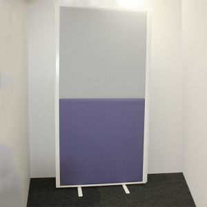 Concept 2 part acoustic office screen with grey and purple fabric