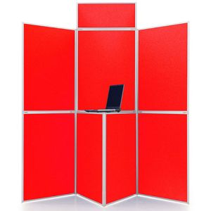 Event+ 7 panel folding display board with header with a pinnable fabric and core.