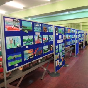 Freestanding Classroom Display Boards with electric blue loop nylon fabric.