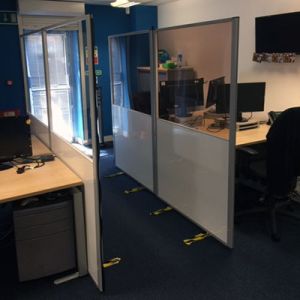 Half glazed office screens with white gloss laminate