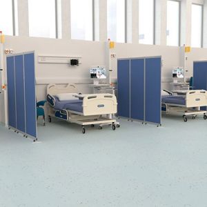 Mobi Antibacterial Room Dividers in a hospital ward between beds