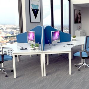 Omega wave pinnable desk dividers with grey edging and blue fabric